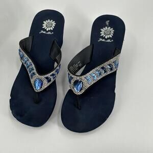 Yellow Box Belmac Blue Wedge Rhinestone Sandals Flip Flops Women 8.5